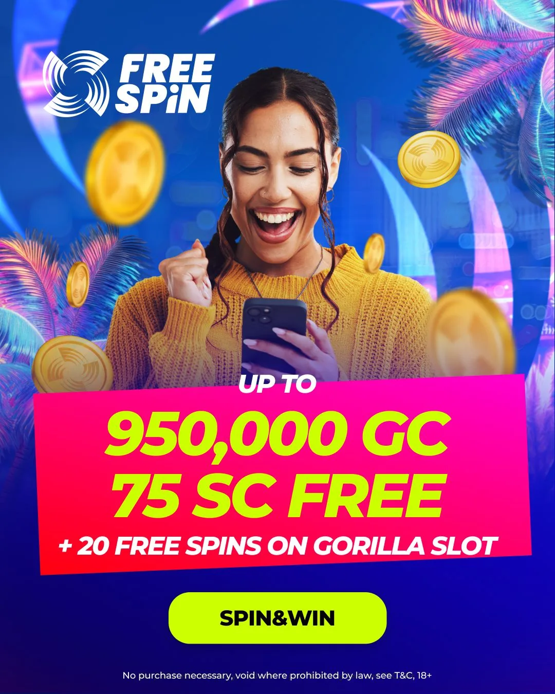 Free Spin Casino Alabama promo banner — 950,000 GC and 75 SC free welcome offer